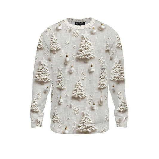 Luxurious 3D print knit Christmas jumper in cream, featuring textured Christmas trees and ornaments for an elegant holiday look.