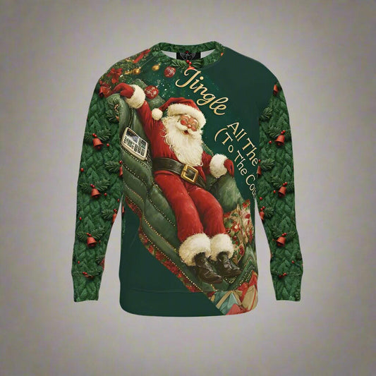 Santa lounging on a couch with festive decorations, 'Jingle All The Way To The Couch' Christmas jumper design.