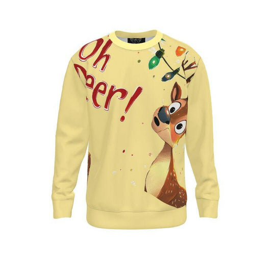 Yellow Christmas jumper featuring a playful reindeer tangled in Christmas lights with the text 'Oh Deer!' – a funny holiday sweater design.