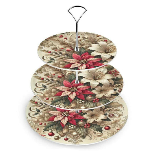 Atelierra 3-tier cake stand with customizable art deco holiday design, featuring silver fixtures and durable plastic plates, handmade in the UK for festive gatherings.