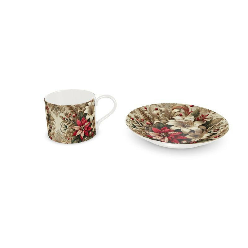 Atelierra bone china cup and saucer set with poinsettia and lily art deco design, adding festive elegance to Christmas tableware.