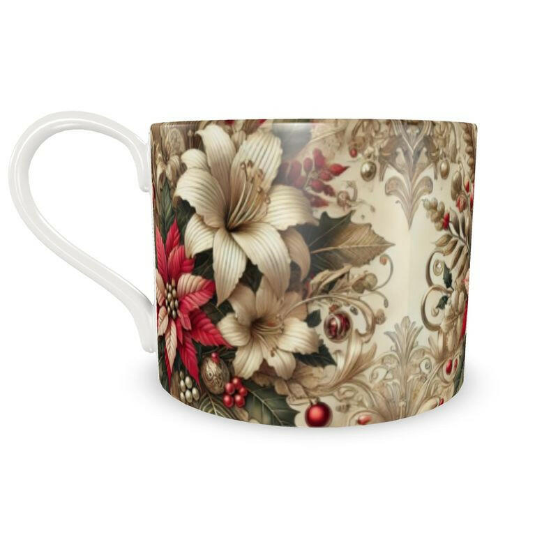 Atelierra bone china cup with festive poinsettia and lily art deco design, ideal for holiday gatherings.