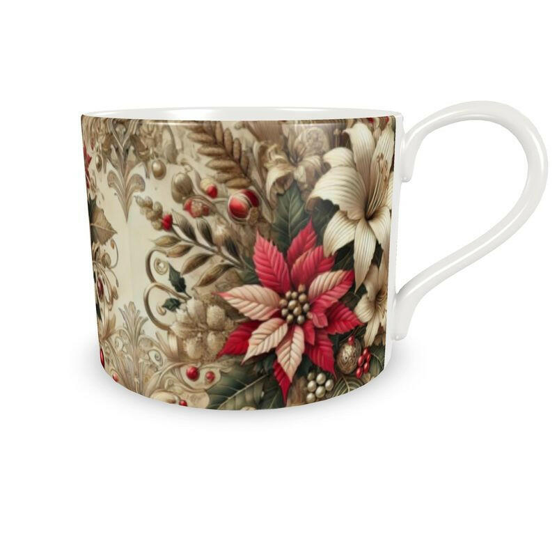 Atelierra bone china cup with festive poinsettia and lily art deco design, ideal for holiday gatherings.