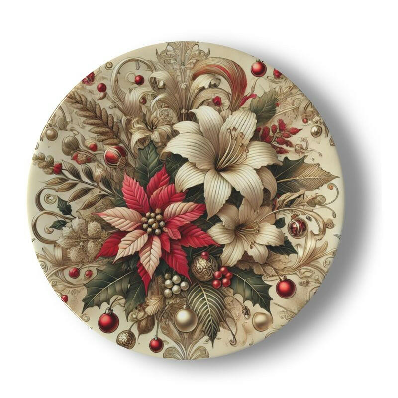 Atelierra bone china dinner plate with poinsettia and lily art deco design, showcasing red, cream, and gold hues on a luxurious, smooth surface.