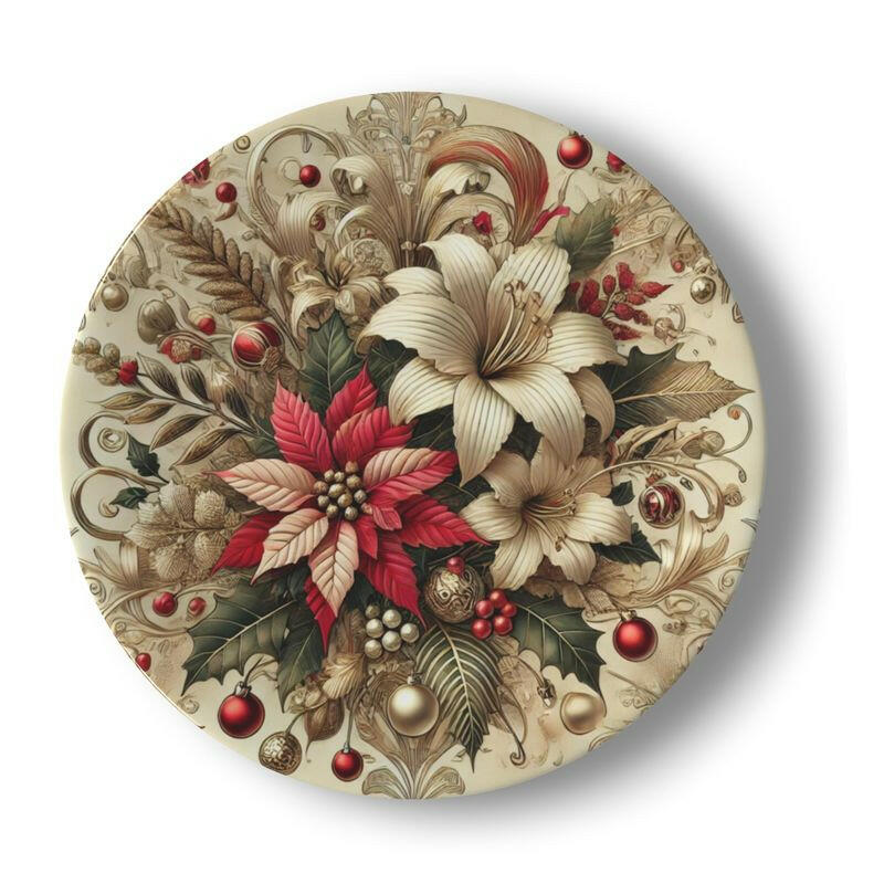 Festive Atelierra bone china dinner plate with poinsettia and lily design, perfect for holiday dining with red, cream, and gold art deco elegance.