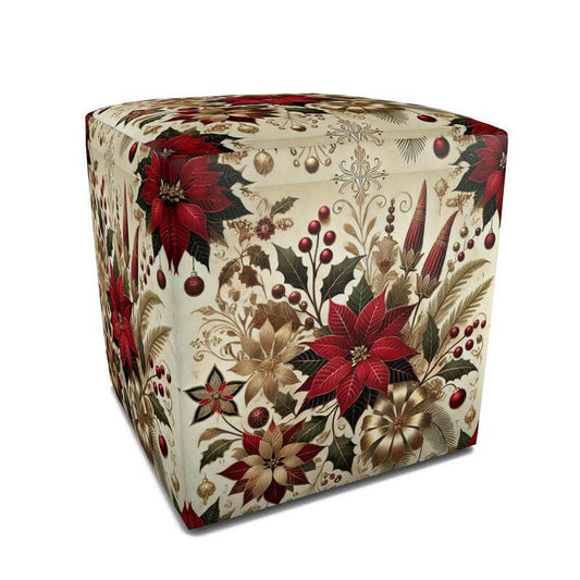 Atelierra Festive Pouf with poinsettia and lily design, perfect for elegant holiday decor.