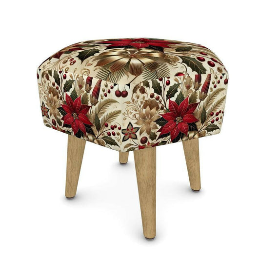 Atelierra hexagon footstool with festive poinsettia and lily art deco design, adding holiday elegance to any room.