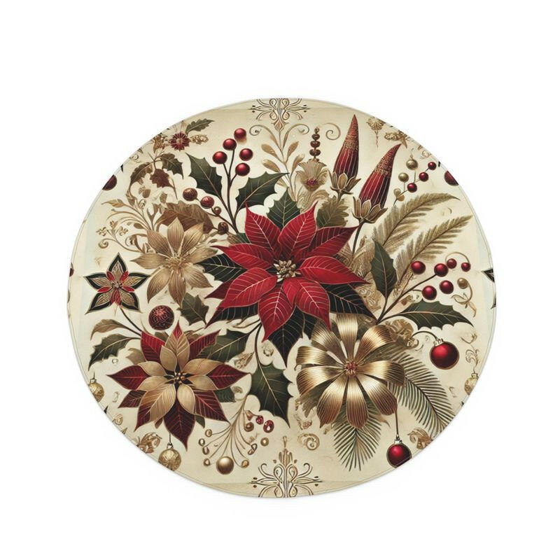 Round Atelierra Limited Edition Table Cloth in red, cream, and gold poinsettia and lily art deco design for holiday dining decor.