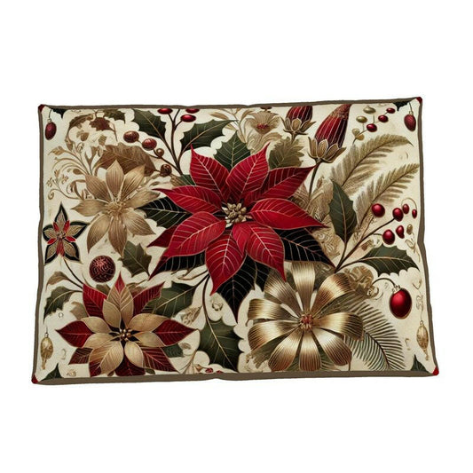 Atelierra luxury dog bed with festive poinsettia and lily art deco design, crafted from durable canvas with a waterproof base, perfect for a holiday pet haven.