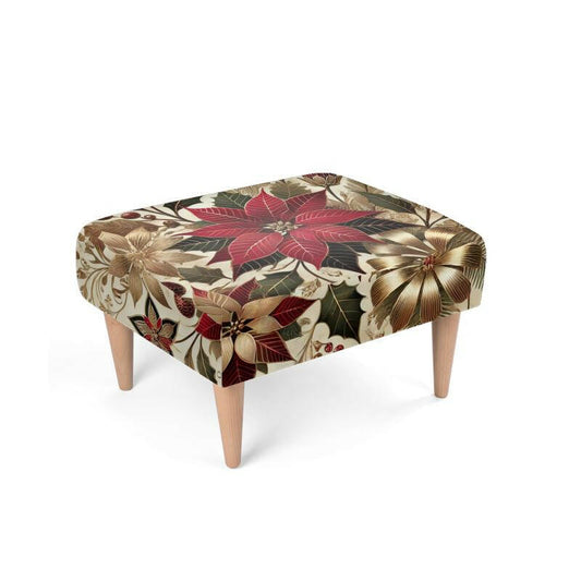 Atelierra luxury footstool with art deco velvet poinsettia and lily design, crafted with ChiChi Velour fabric and beech wood legs for a festive and elegant touch.