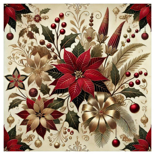 Atelierra Poinsettia & Lily Net Curtain in art deco holiday design, featuring festive poinsettias and lilies in red, cream, and gold on sheer voile fabric.