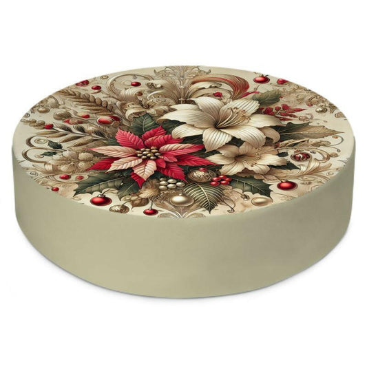 Atelierra Round Floor Cushion with poinsettia and lily Art Deco design, available in two sizes, perfect for luxurious holiday decor