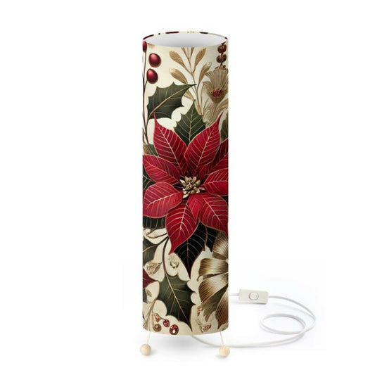 Atelierra Standing Lamp with poinsettia and lily design, elegant art deco holiday lighting with semi-translucent fabric and tripod beechwood base.