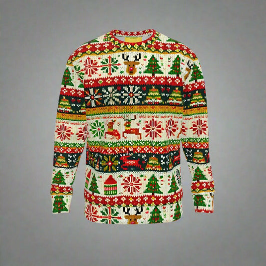 Classic Fair Isle Christmas Jumper with festive patterns, reindeer, and Christmas trees in vibrant holiday colors