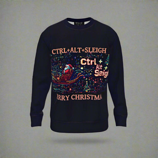 Tech-themed "Ctrl+Alt+Sleigh" Christmas jumper featuring Santa in a sleigh with neon lights, perfect for festive gatherings and tech enthusiasts