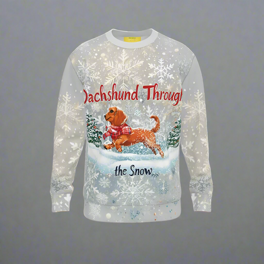 Dachshund Through the Snow Christmas jumper with a festive dachshund design, surrounded by snowflakes