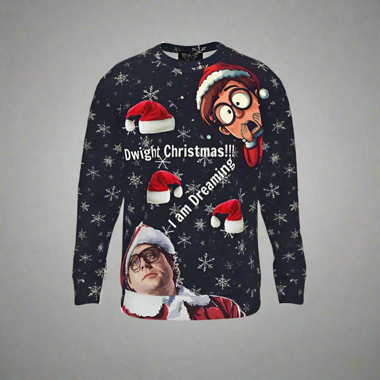 Dwight Christmas jumper featuring a funny holiday design with Santa hats and winter motifs.