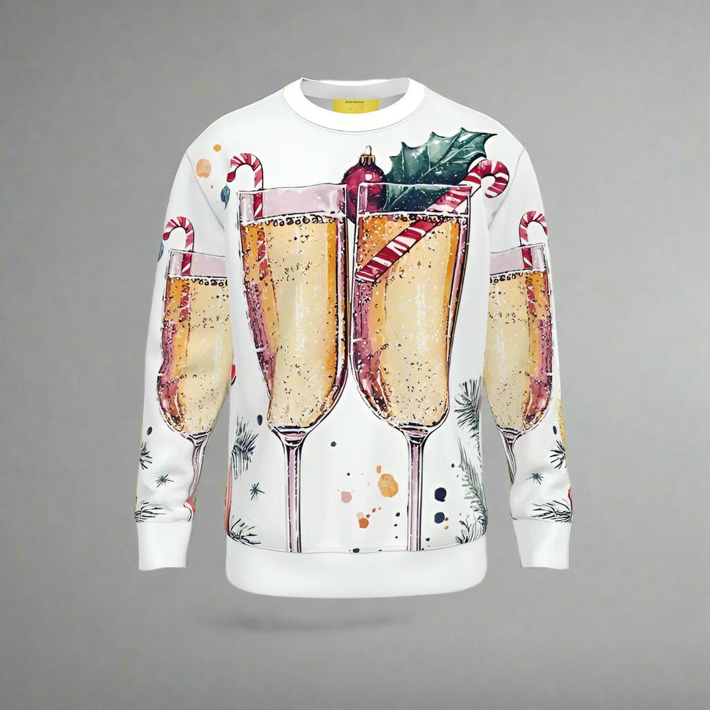 Champagne Christmas Jumper with festive glasses, holly, and candy canes for a joyful holiday celebration.