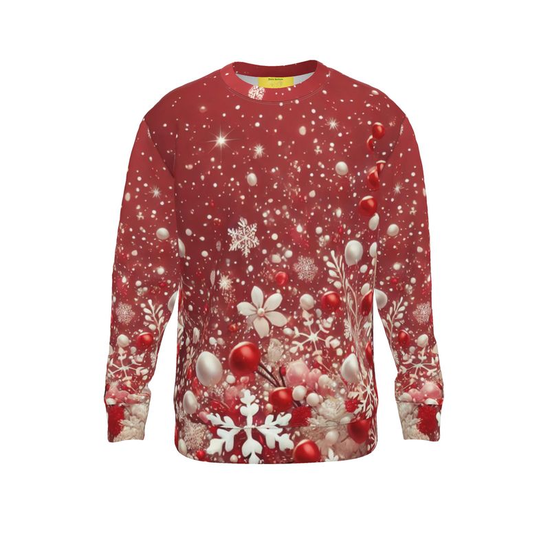 A vibrant red Christmas jumper featuring intricate snowflakes and holiday ornaments, designed for festive gatherings and cozy winter style.