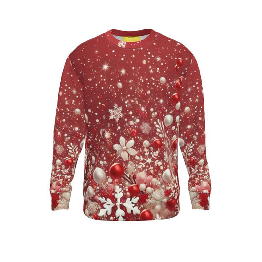 A vibrant red Christmas jumper featuring intricate snowflakes and holiday ornaments, designed for festive gatherings and cozy winter style.