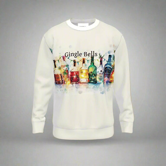 Gingle Bells Christmas jumper featuring festive gin bottles with holiday decorations on a white background