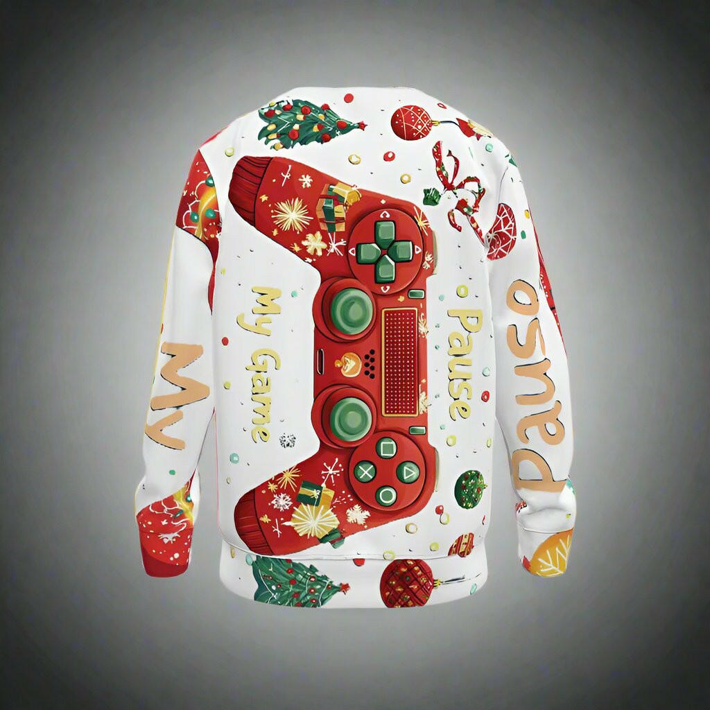 Pause My Game Christmas Jumper featuring a festive gaming controller, perfect for gamers during the holiday season.