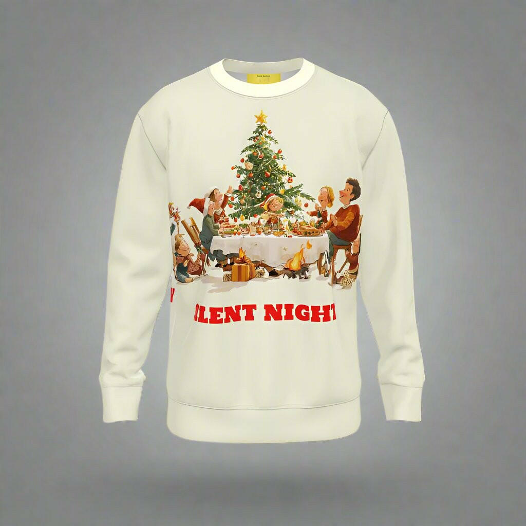 Silent Night Christmas Jumper featuring a festive family gathering around a Christmas tree.