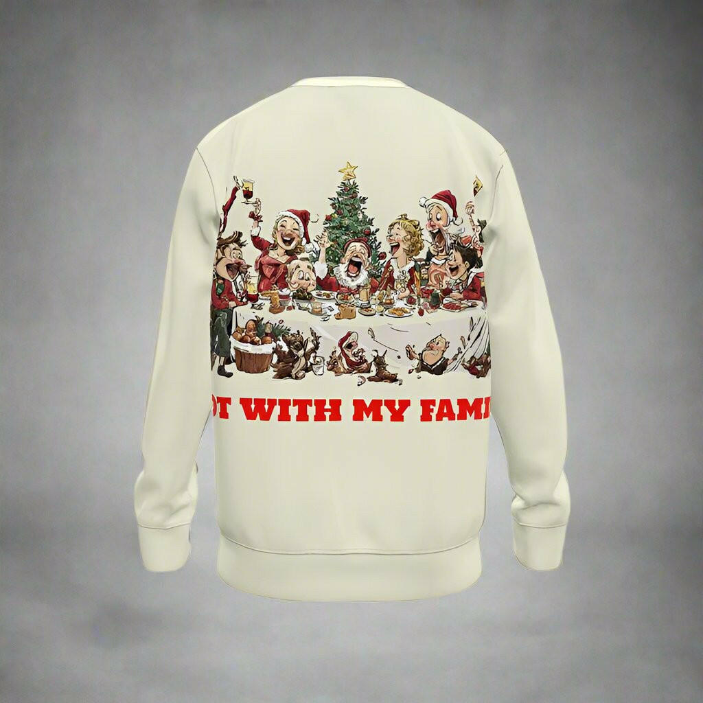 Silent Night Christmas Jumper featuring a festive family gathering around a Christmas tree.